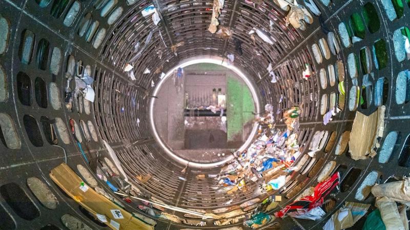 Photo looking inside a circular trommel screen with mixed household waste being spun
