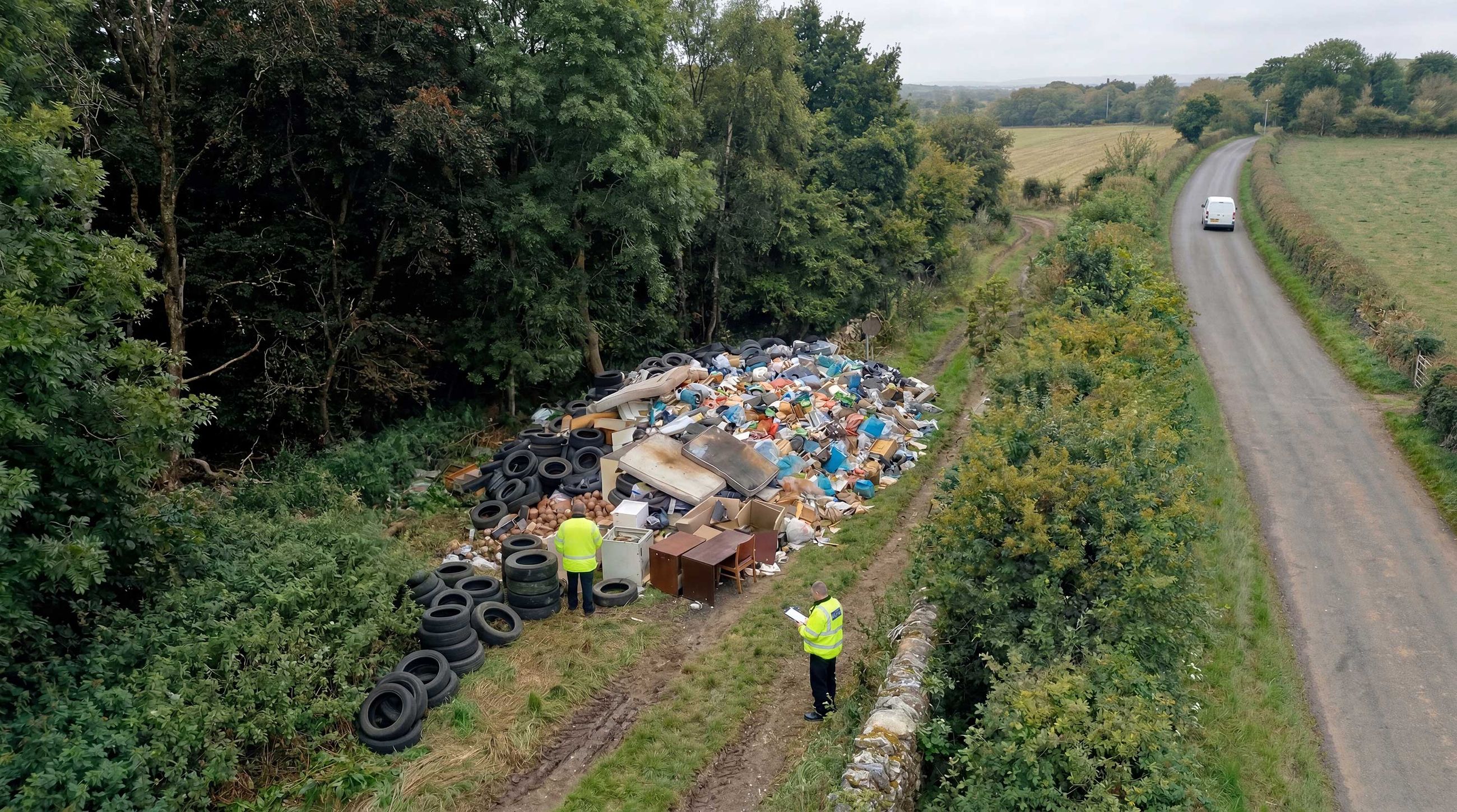 Aerial view of officers assessing flytipped waste