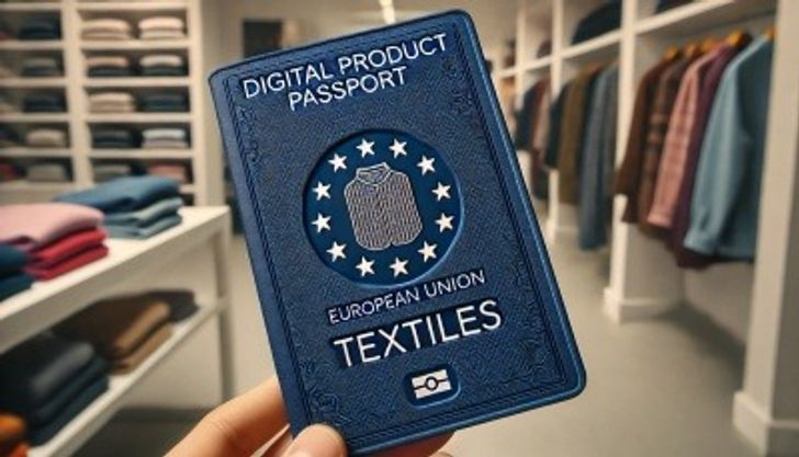 Hand holding up a mocked up EU passport that says 'Digital Product Passport' with an icon for clothing and the word 'Textiles' underneath