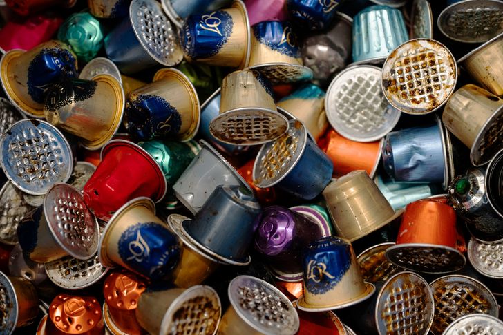 Collected used waste coffee pods