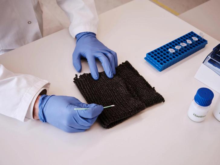 Swab with DNA tracing chemical being applied to a cashmere garment