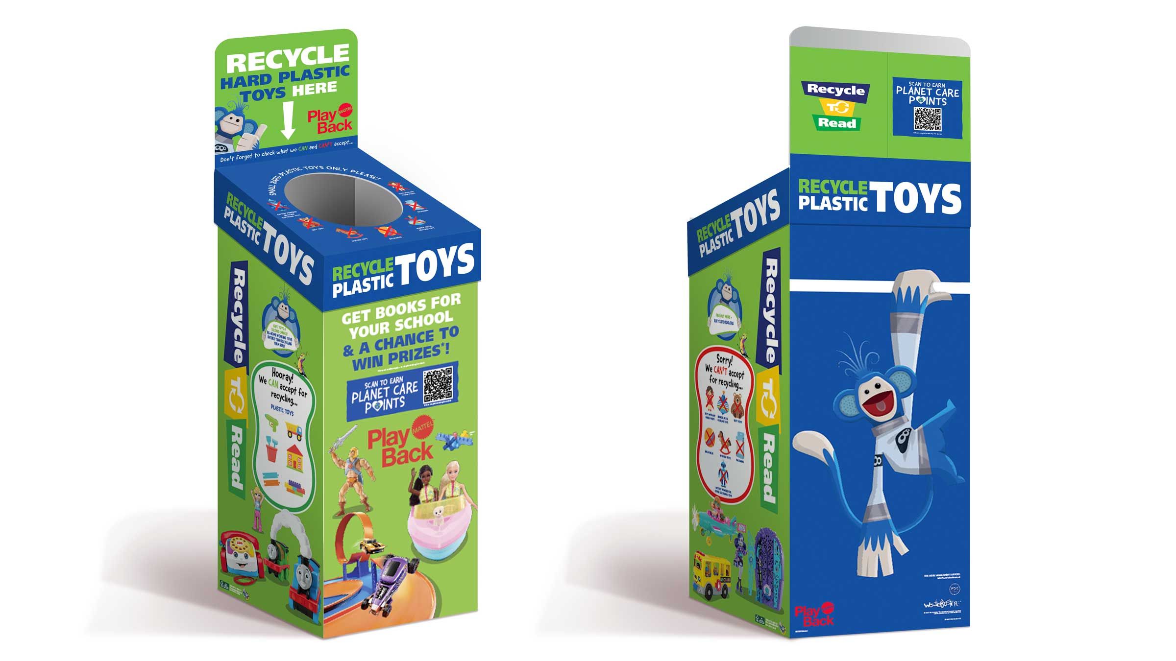 Cardboard return containers for broken toys to be dropped off