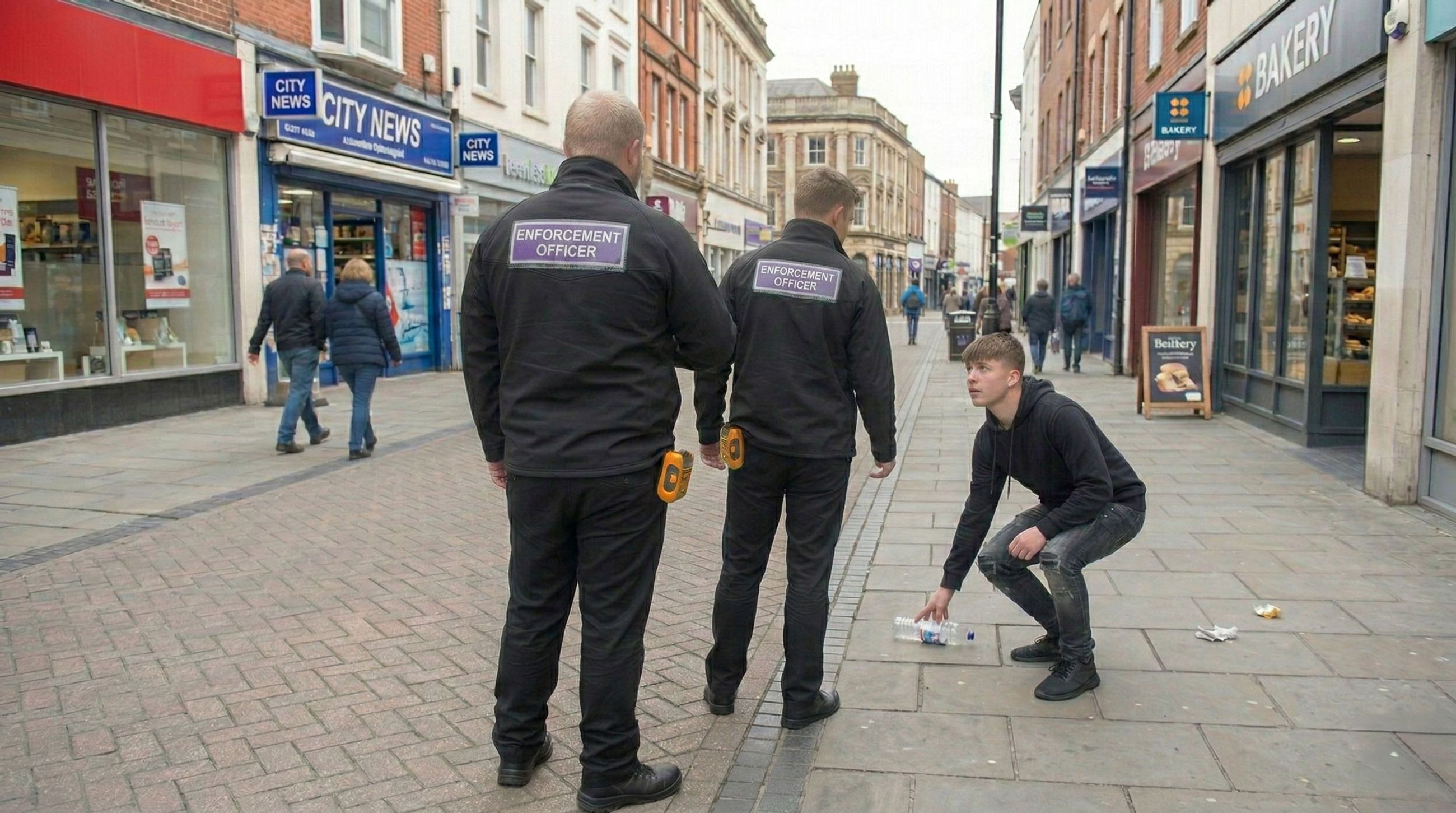 Litter enforcement officers instruct young man to pick up litter in a town centre