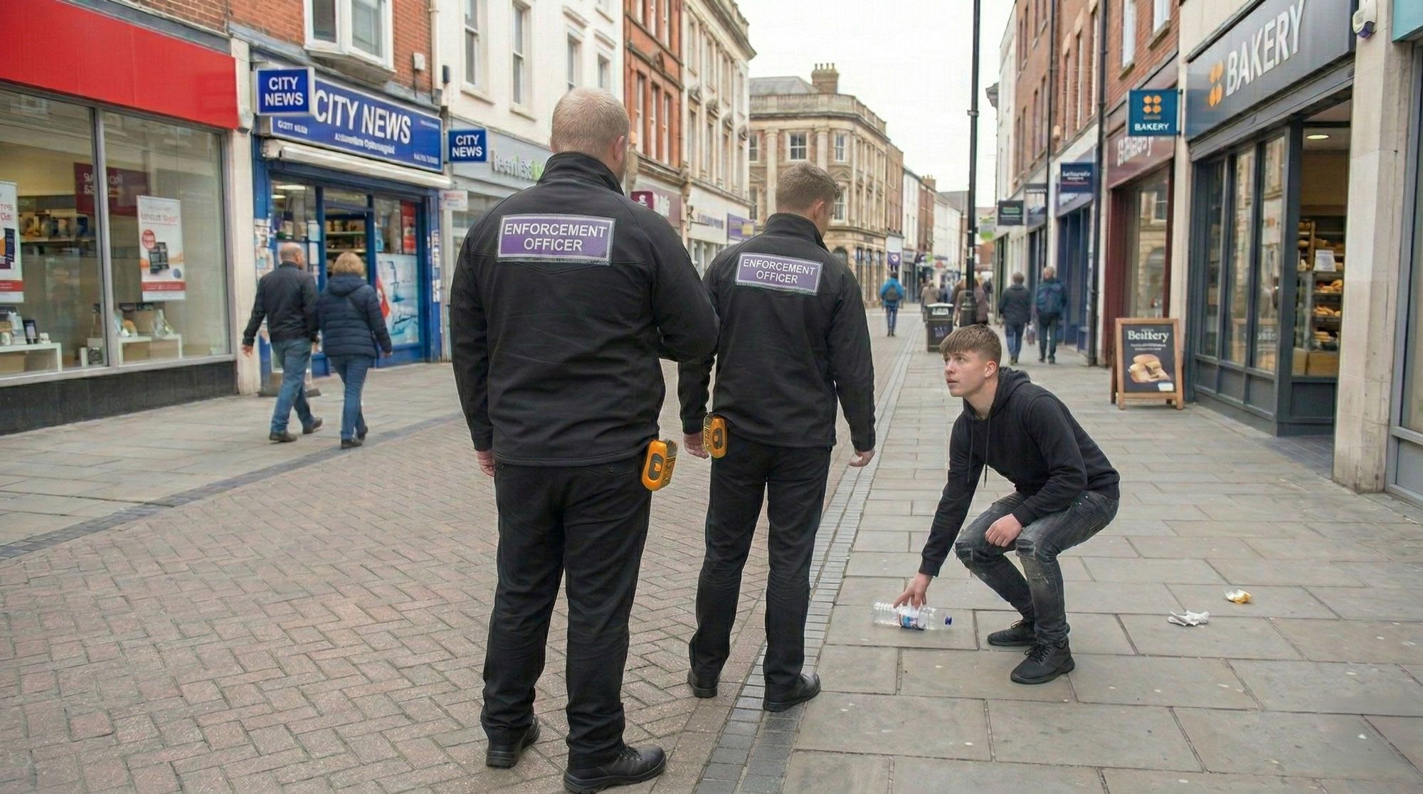 Litter enforcement officers instruct young man to pick up litter in a town centre