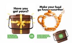 Food waste week campaign posters depicting a kitchen caddy and tea pot graphic made from waste food
