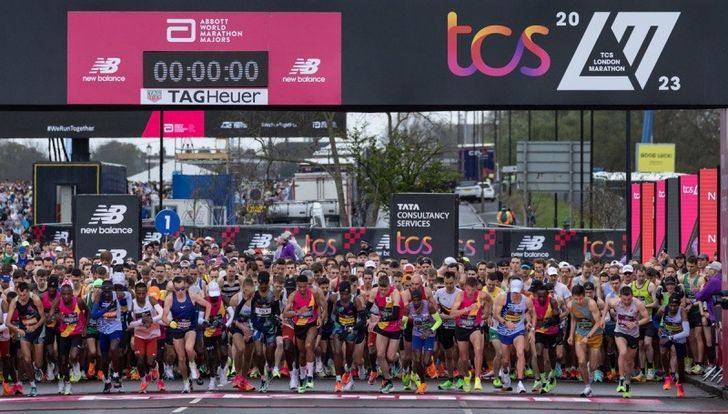 Starting line of London Marathon where clothing discarded by runners before the race will be collected by the Salvation Army Trading Company