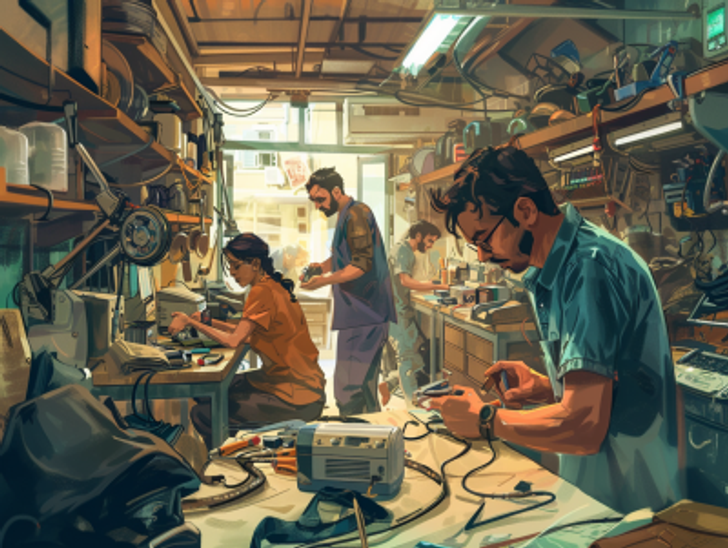 Illustration of people in a repair shop depicting the circular economy in action