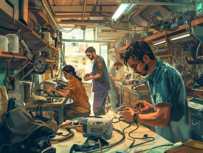 Illustration of people in a repair shop depicting the circular economy in action