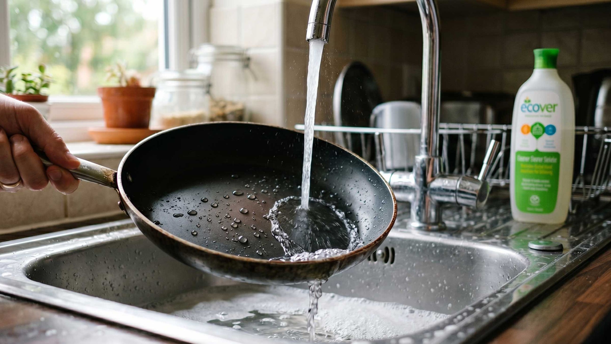 Non-stick frying pan being washed up illustrating PFAS dispersion