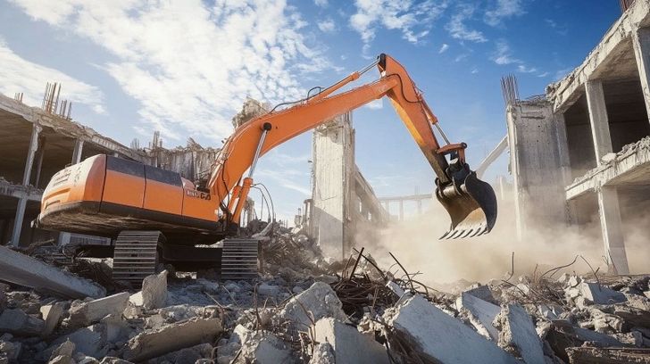 Excavator demolishing a concrete building, managing construction waste