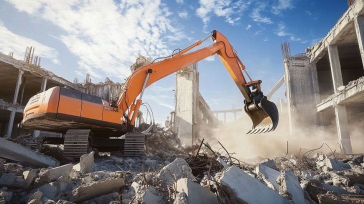 Excavator demolishing a concrete building, managing construction waste
