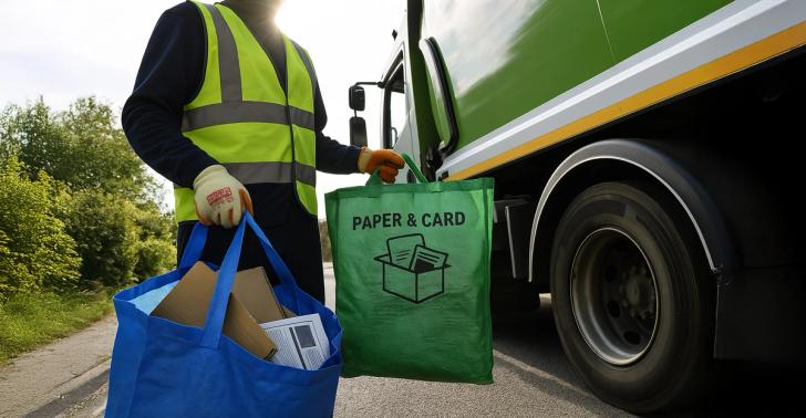 Recycling operative standing in front of waste collection vehicle holding two collection sacks, one labelled 'Paper and Card'