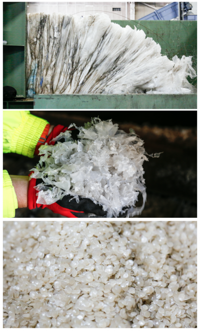 Different stages of the plastic shredding process