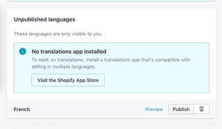 The ""Unpublished langauges" section of Shopify's language settings