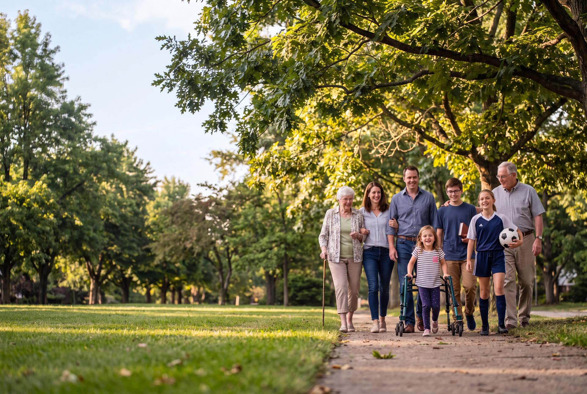 A three-generation family walks together on a tree-lined park path: a young girl leads using her gait trainer, her brother carries a book, her sister in a soccer uniform holds a ball, with their parents and grandparents alongside.
