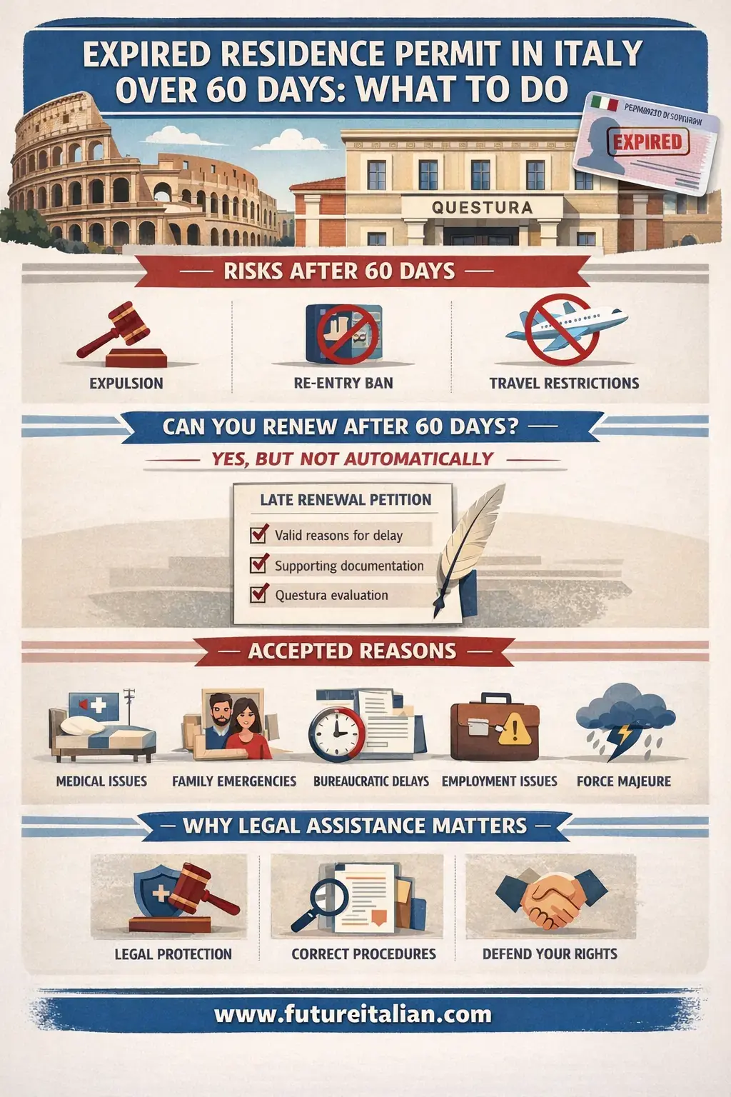 Infographic explaining what to do if a residence permit in Italy expired over 60 days ago, including risks, late renewal options and legal assistance