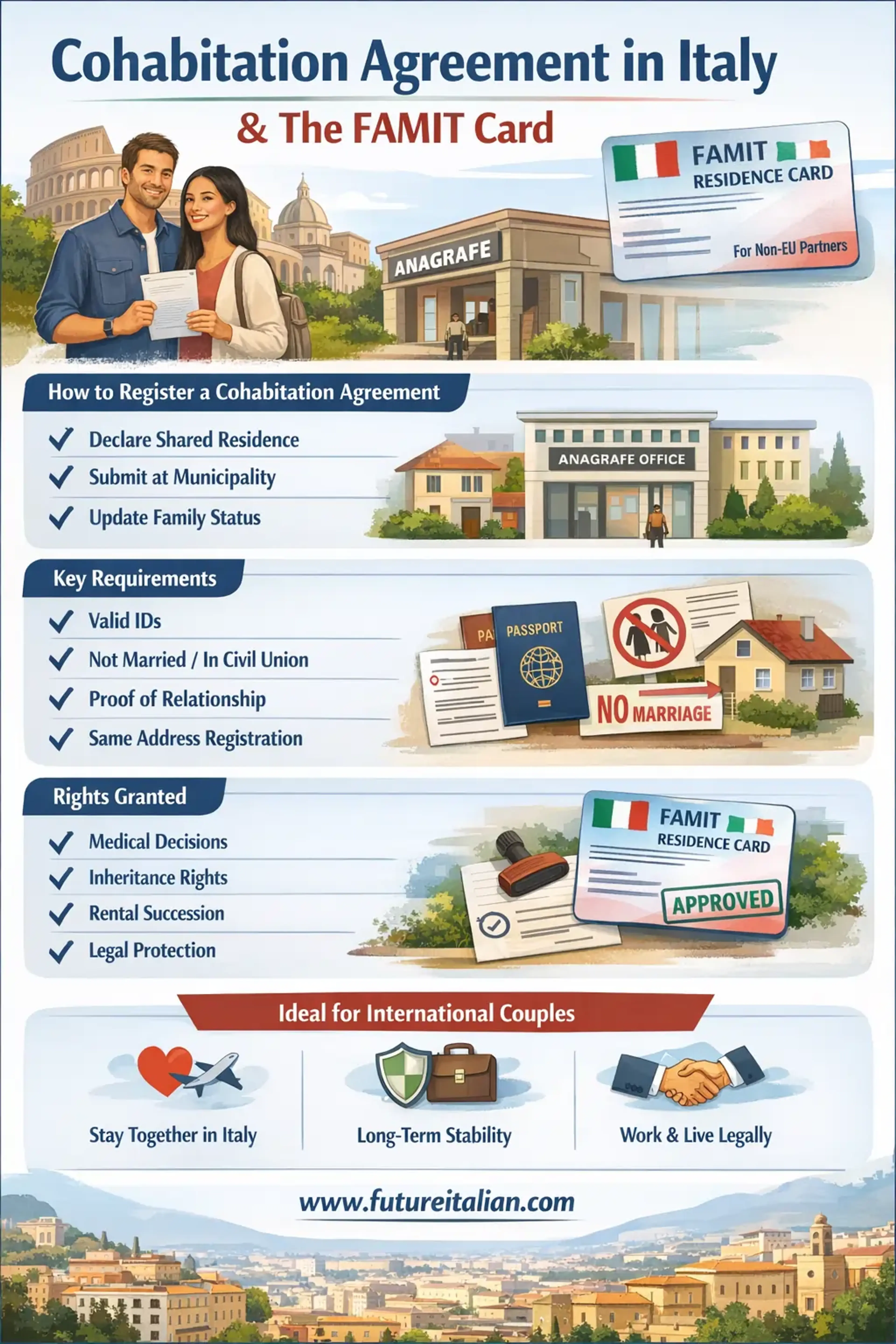 Infographic explaining how a cohabitation agreement works in Italy and how foreign partners can obtain the FAMIT residence card through registered cohabitation.