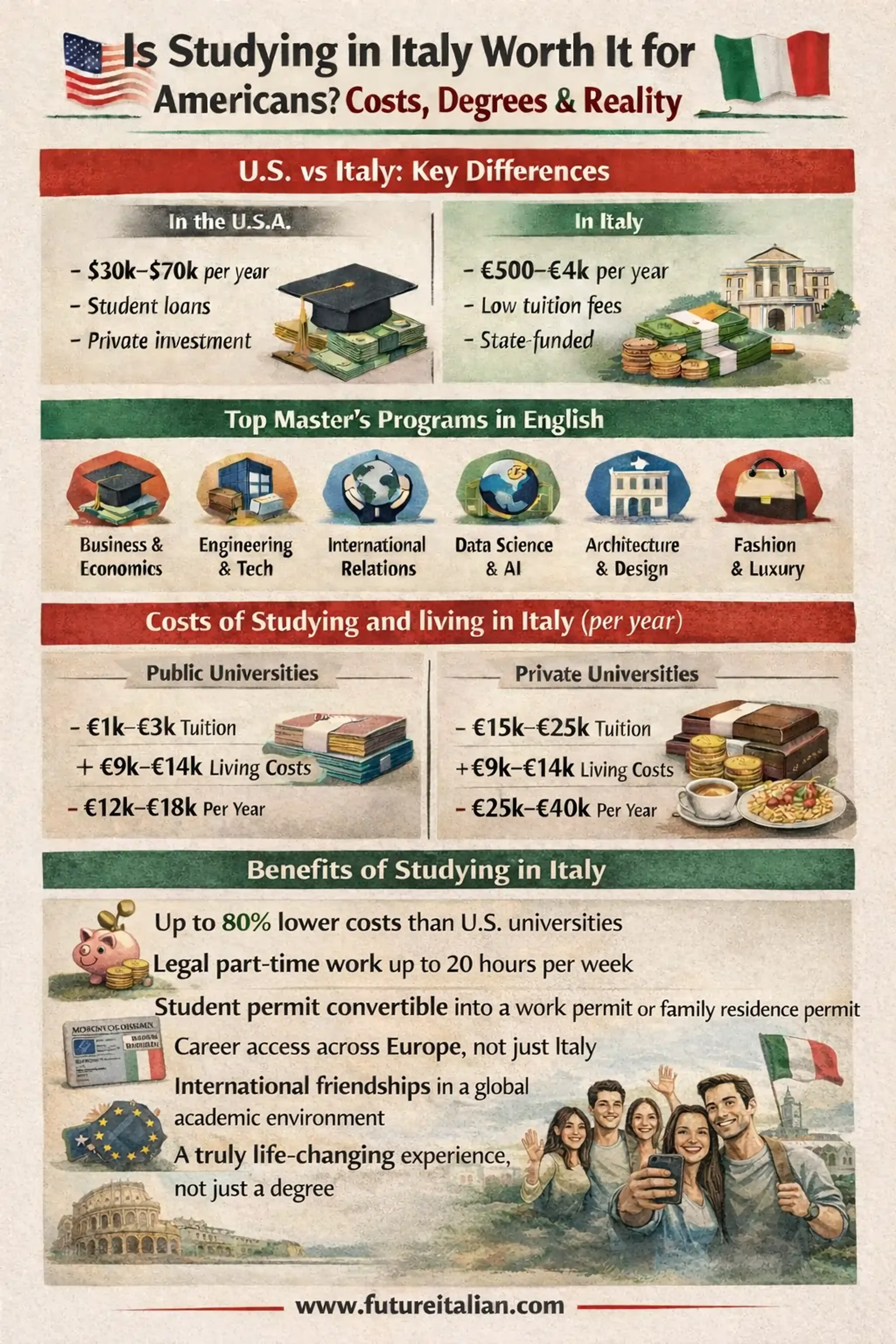 Benefits of studying in Italy for Americans, including lower university costs, part-time work opportunities, residence permit conversion, European career access, and international student experience.