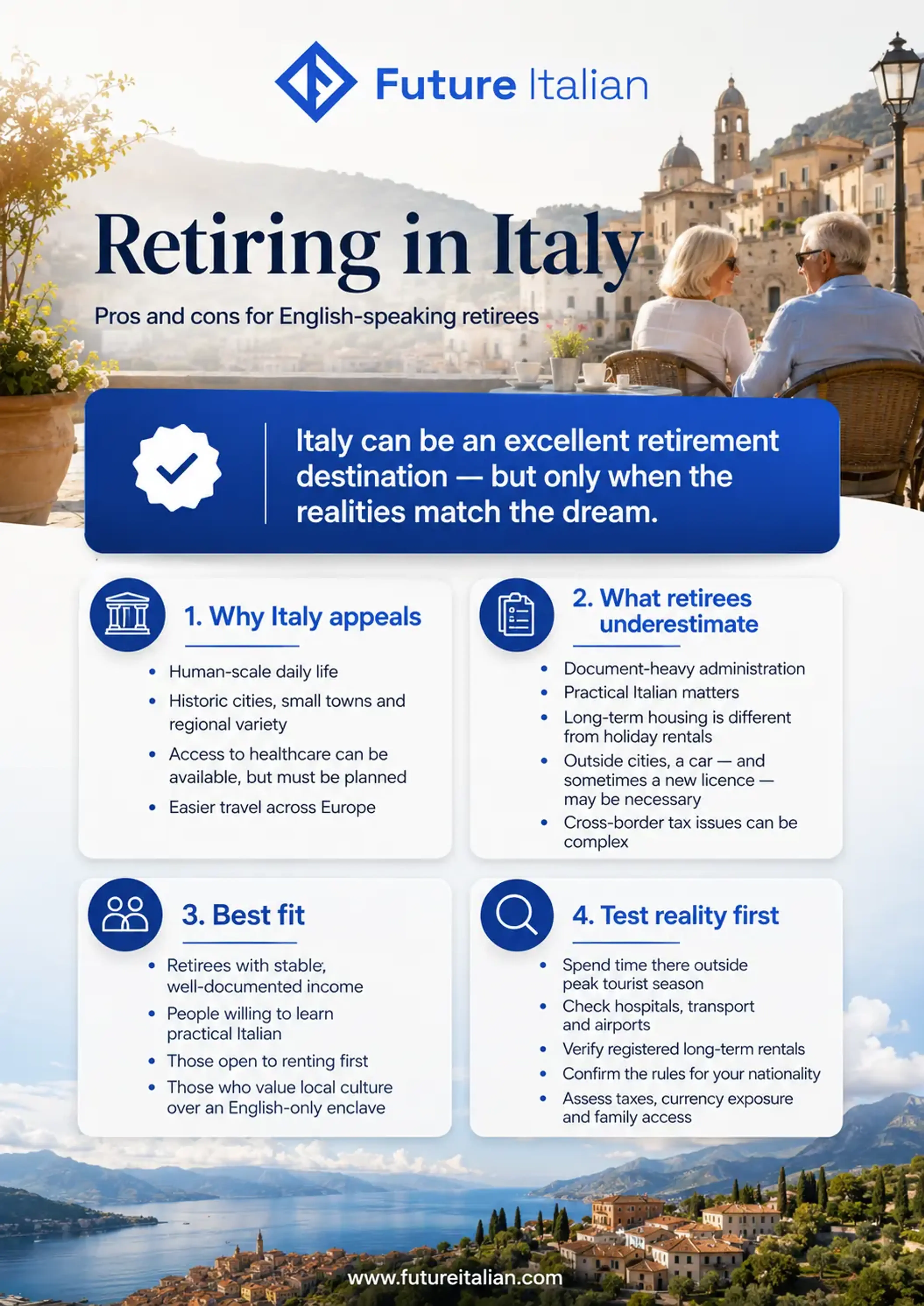 Infographic on the pros, cons and practical realities of retiring in Italy for English-speaking retirees