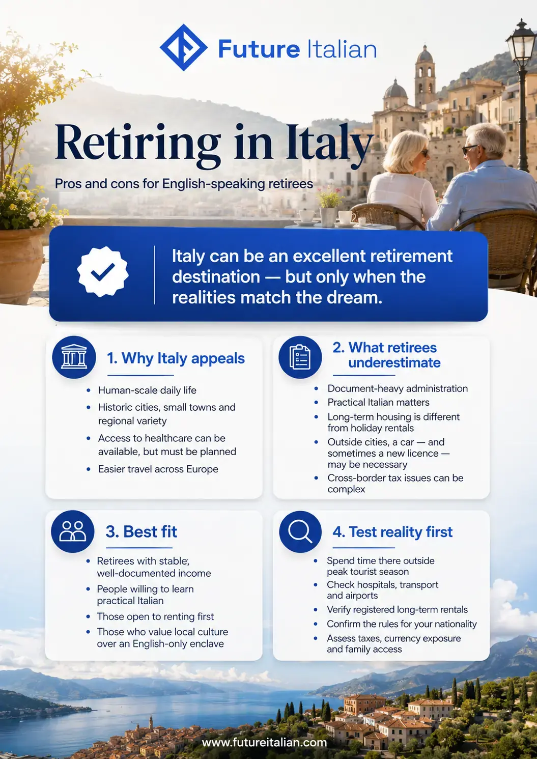 Infographic on the pros, cons and practical realities of retiring in Italy for English-speaking retirees