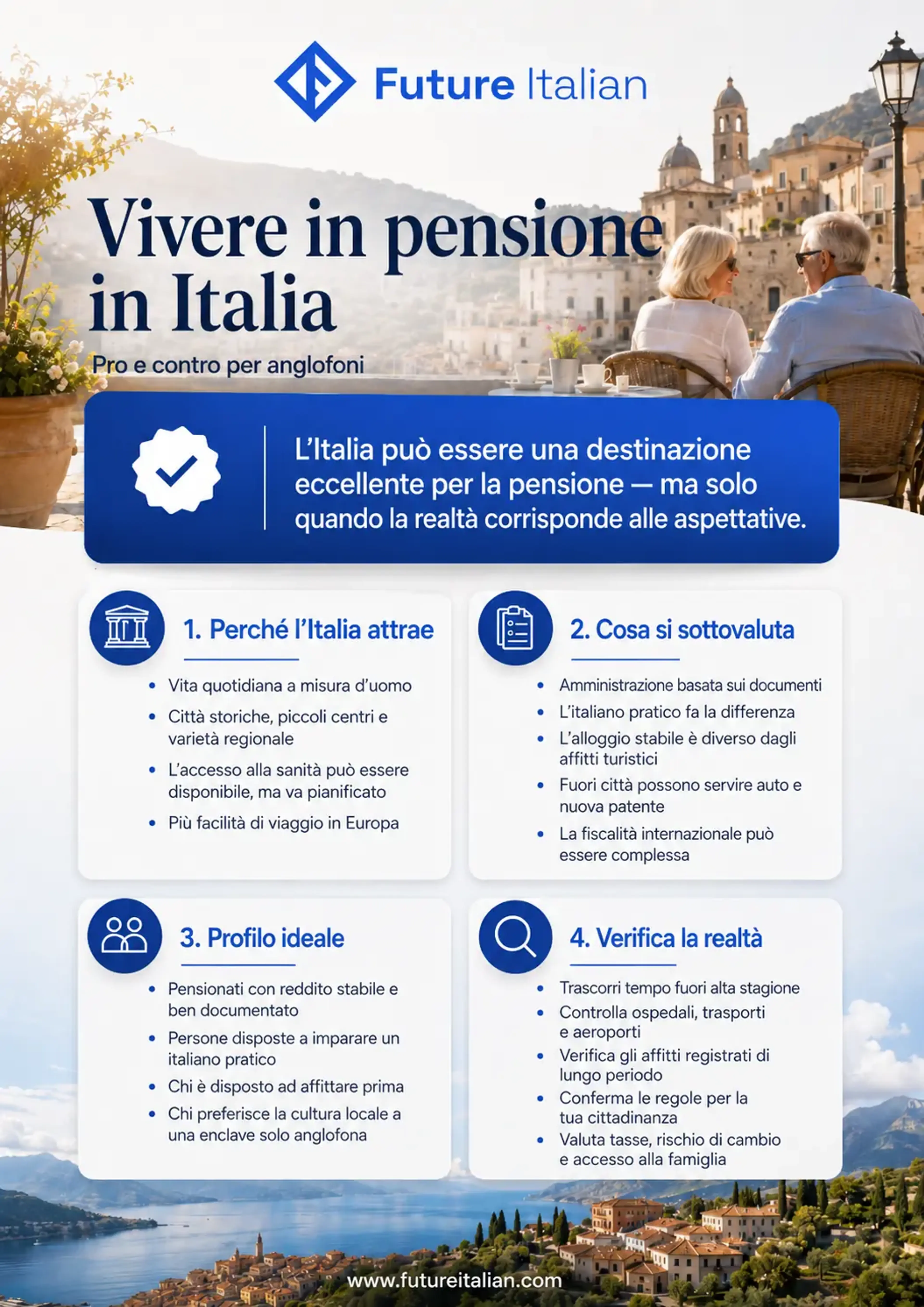 Infografica su vantaggi, svantaggi e aspetti pratici della pensione in Italia per pensionati anglofoni