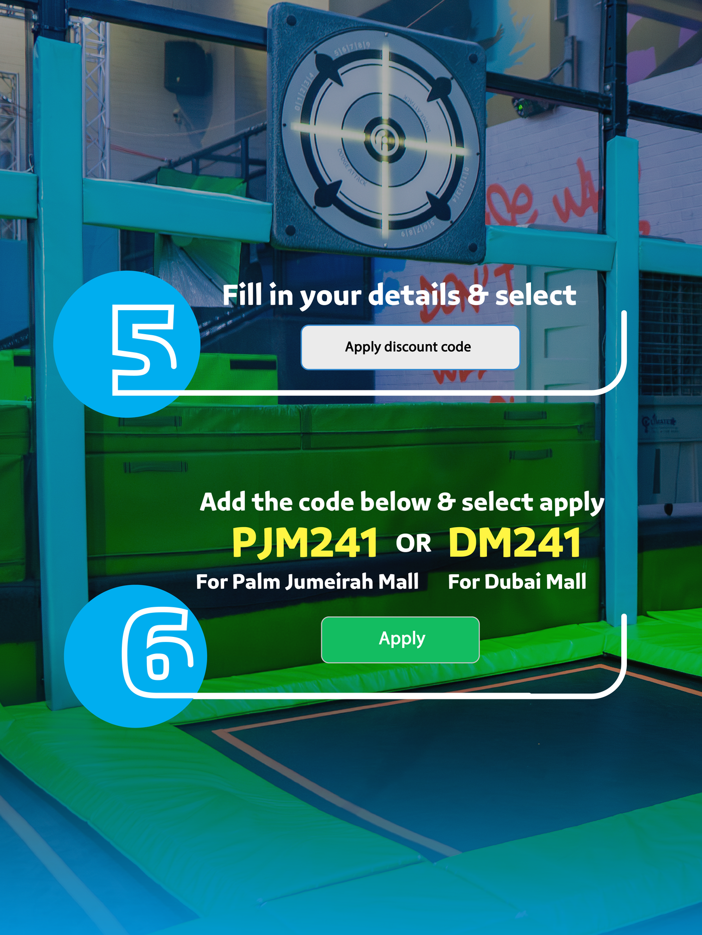 Steps 5 and 6: Apply the venue discount code at checkout.