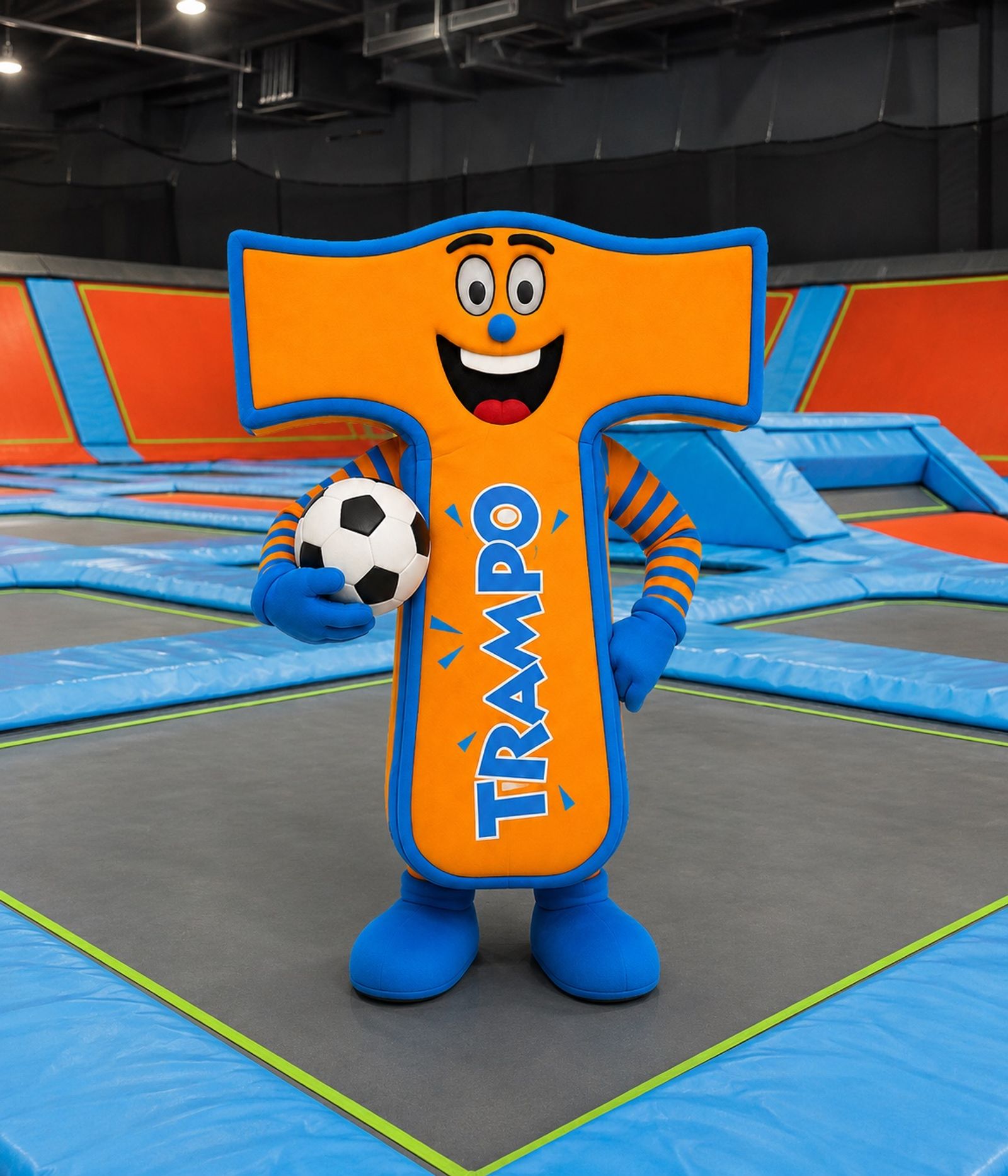 Trampo mascot holding a football for the World Cup Pass