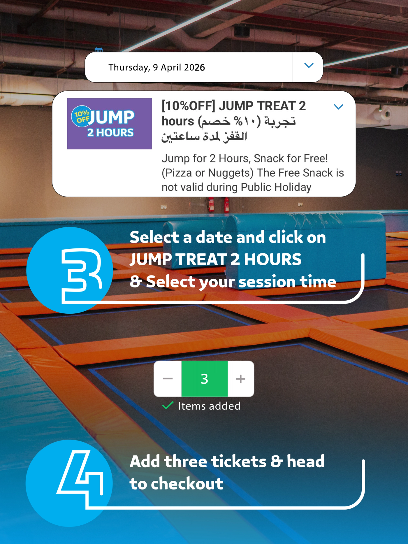 Steps 3 and 4: Choose the 2-Hour JUMP session, add 3 tickets, and continue to checkout.