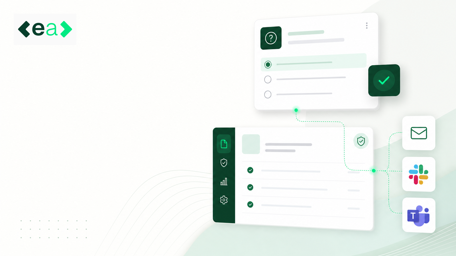 Diagram of a DDQ question and approved answer record connected to email, Slack and Microsoft Teams channels.