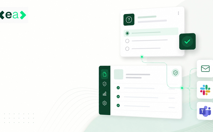 Diagram of a DDQ question and approved answer record connected to email, Slack and Microsoft Teams channels.