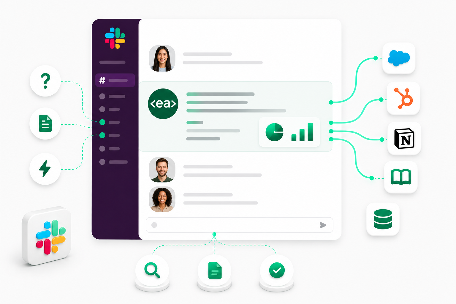 Visual showing Slack users interacting with EA in a channel, where the Agent retrieves information and completes tasks directly within the thread, enabling work to continue without switching tools.