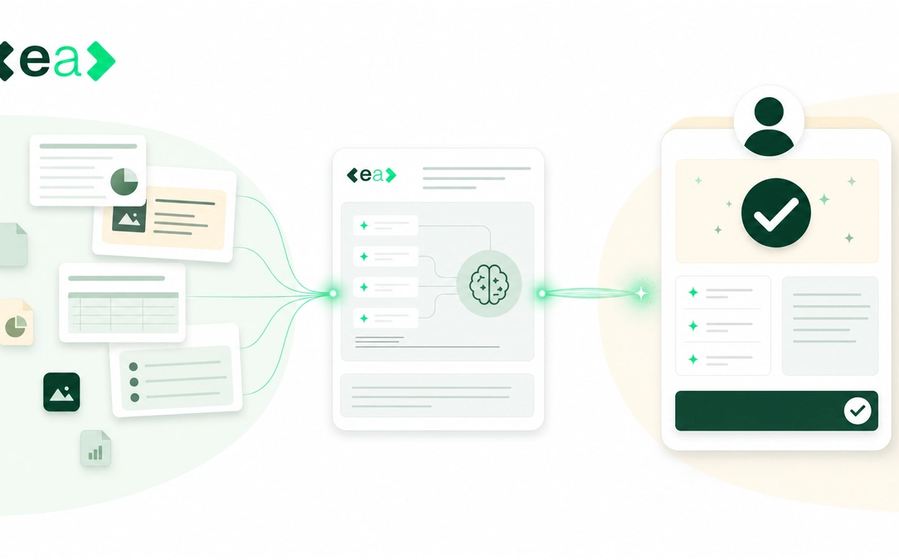 Illustration of scattered documents and data files flowing into an EA-branded AI interface, which produces an organised draft response that a person reviews and approves with a checkmark.