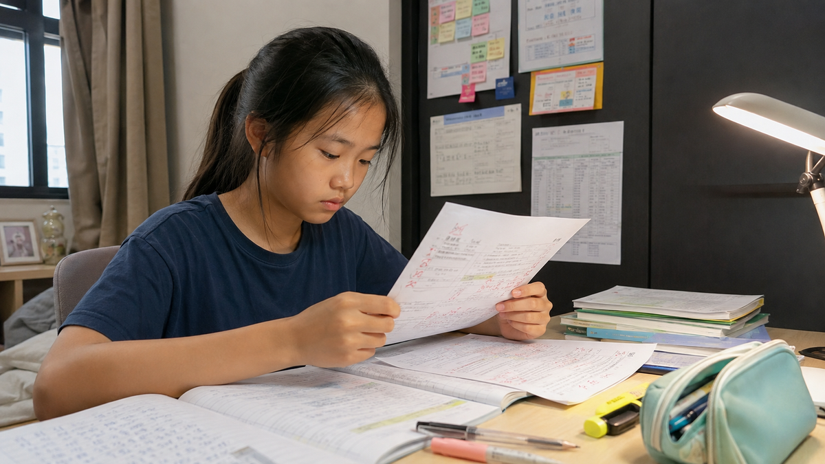 A Primary 6 student in Singapore reviewing marked PSLE English practice papers at a study desk