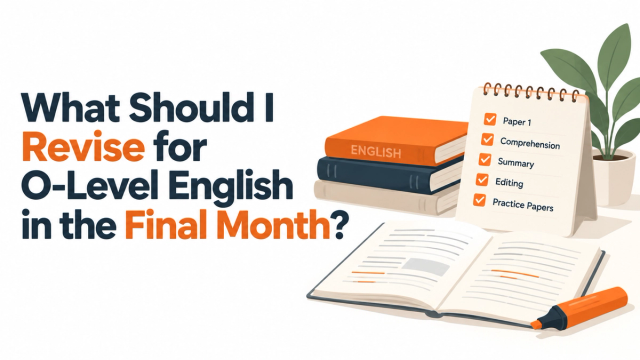 Illustrated O-Level English final-month revision guide covering Paper 1, comprehension, summary, editing and practice papers to help students prioritise their exam preparation.