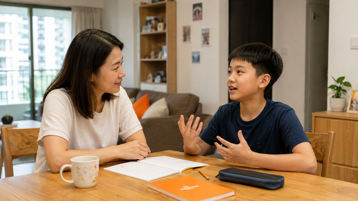 A Primary 6 student practising PSLE oral answers with a parent at home