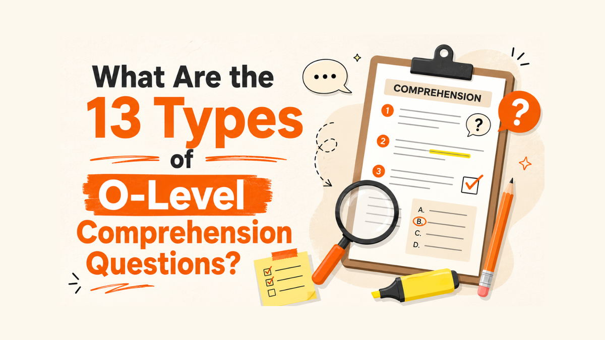 A Secondary school student in Singapore identifying O-Level English comprehension question types on a marked Paper 2 script