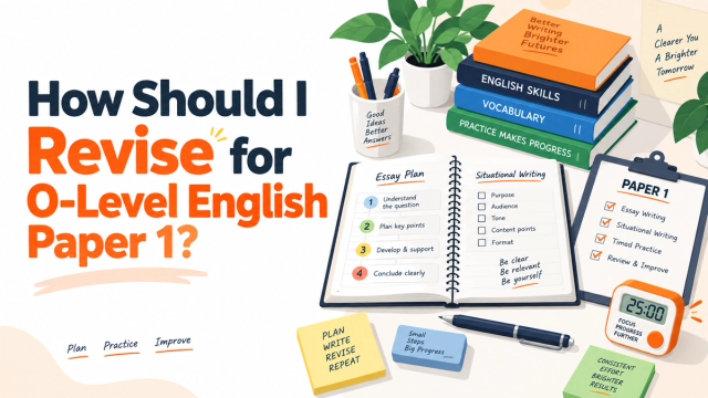 Illustrated O-Level English Paper 1 revision guide covering essay writing, situational writing, timed practice and effective revision strategies for students.