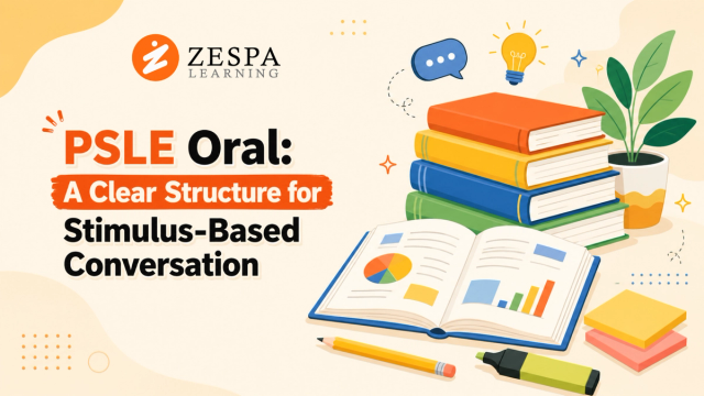A primary school student speaking confidently during a PSLE oral practice session