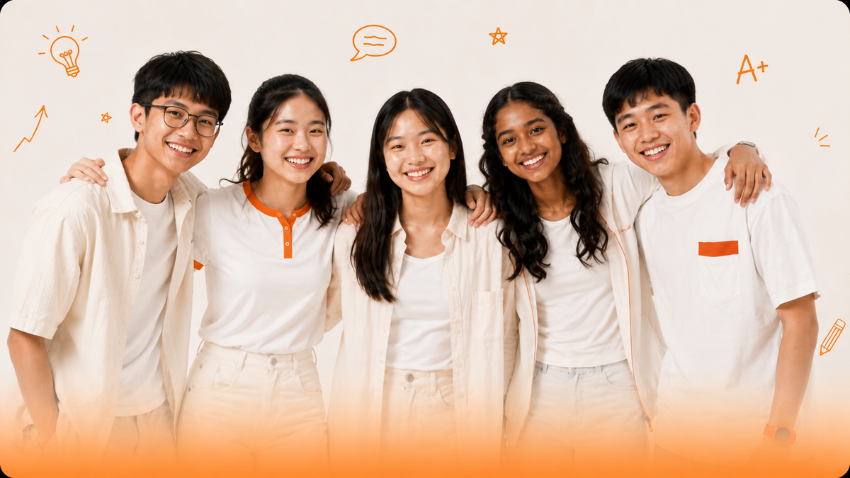 Group of five smiling secondary school students representing confidence, friendship and academic progress in English learning.