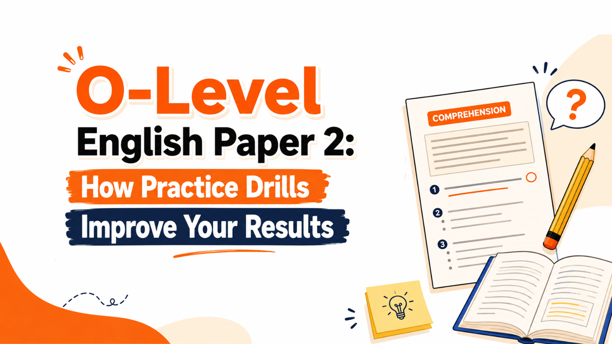 O-Level English Paper 2 guide on how comprehension practice drills can improve results, illustrated with a worksheet, book, pencil and study notes.