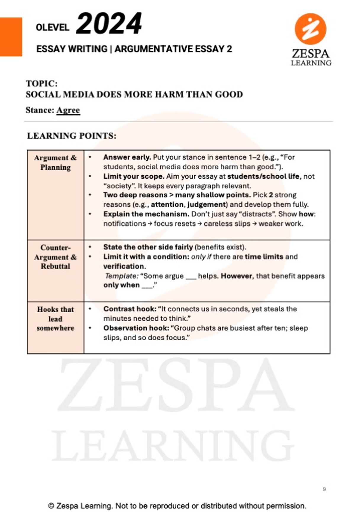 O-Level English argumentative essay revision notes on the topic “Social media does more harm than good,” with planning tips for arguments, counter-arguments, rebuttals and essay hooks.