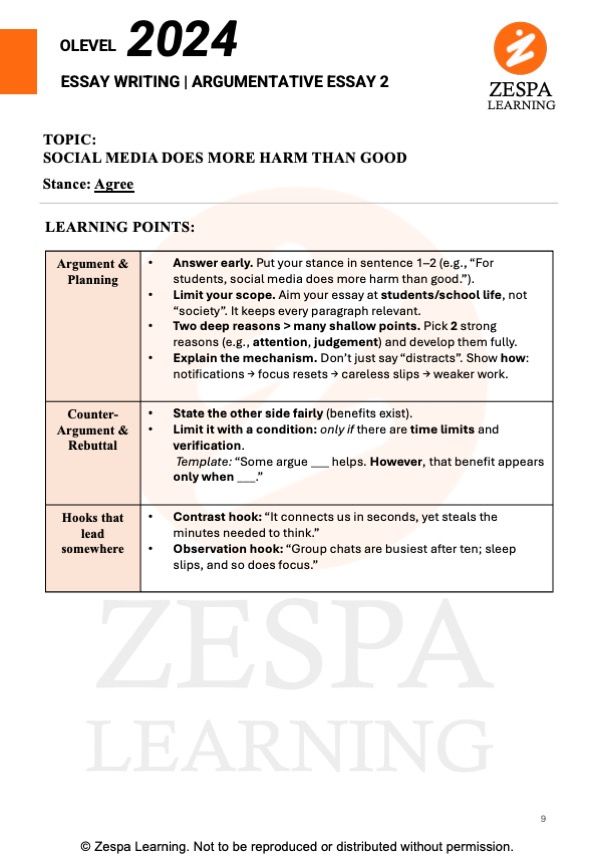 O-Level English argumentative essay revision notes on the topic “Social media does more harm than good,” with planning tips for arguments, counter-arguments, rebuttals and essay hooks.