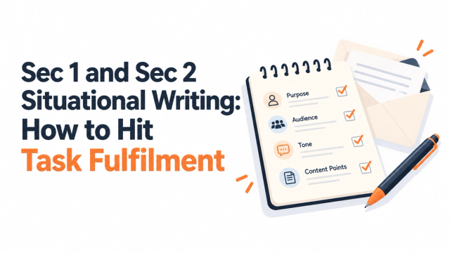 Illustrated Secondary 1 and Secondary 2 Situational Writing guide showing how students can improve task fulfilment by addressing purpose, audience, tone and content points.