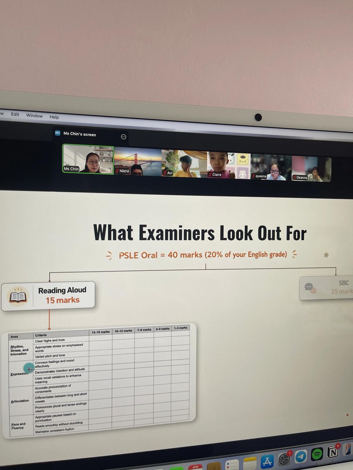 PSLE Oral online class where students learn Reading Aloud assessment criteria and what examiners look out for.