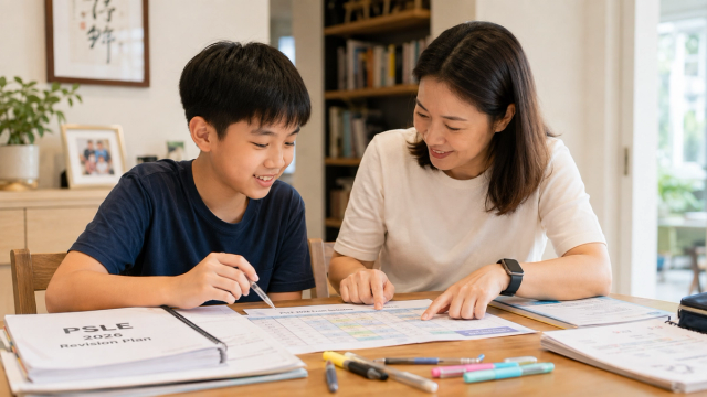 A Primary 6 student and parent planning PSLE 2026 revision around the exam timetable at home