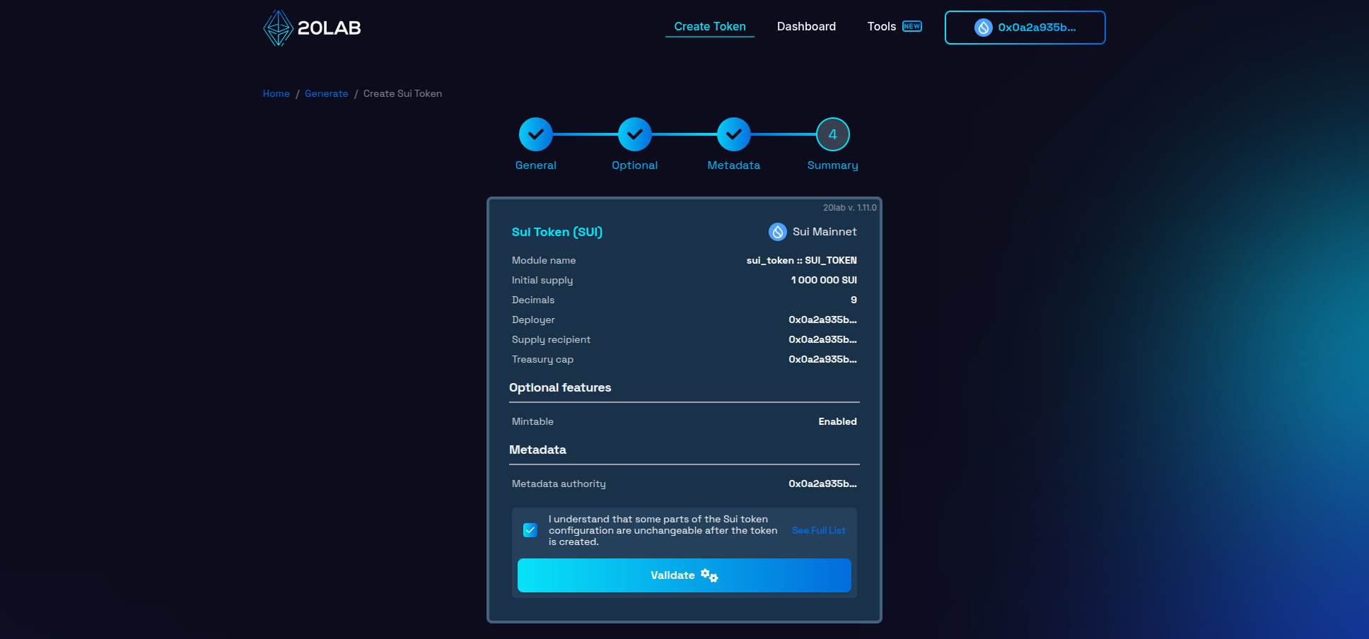 Summary page with all selected features and provided values