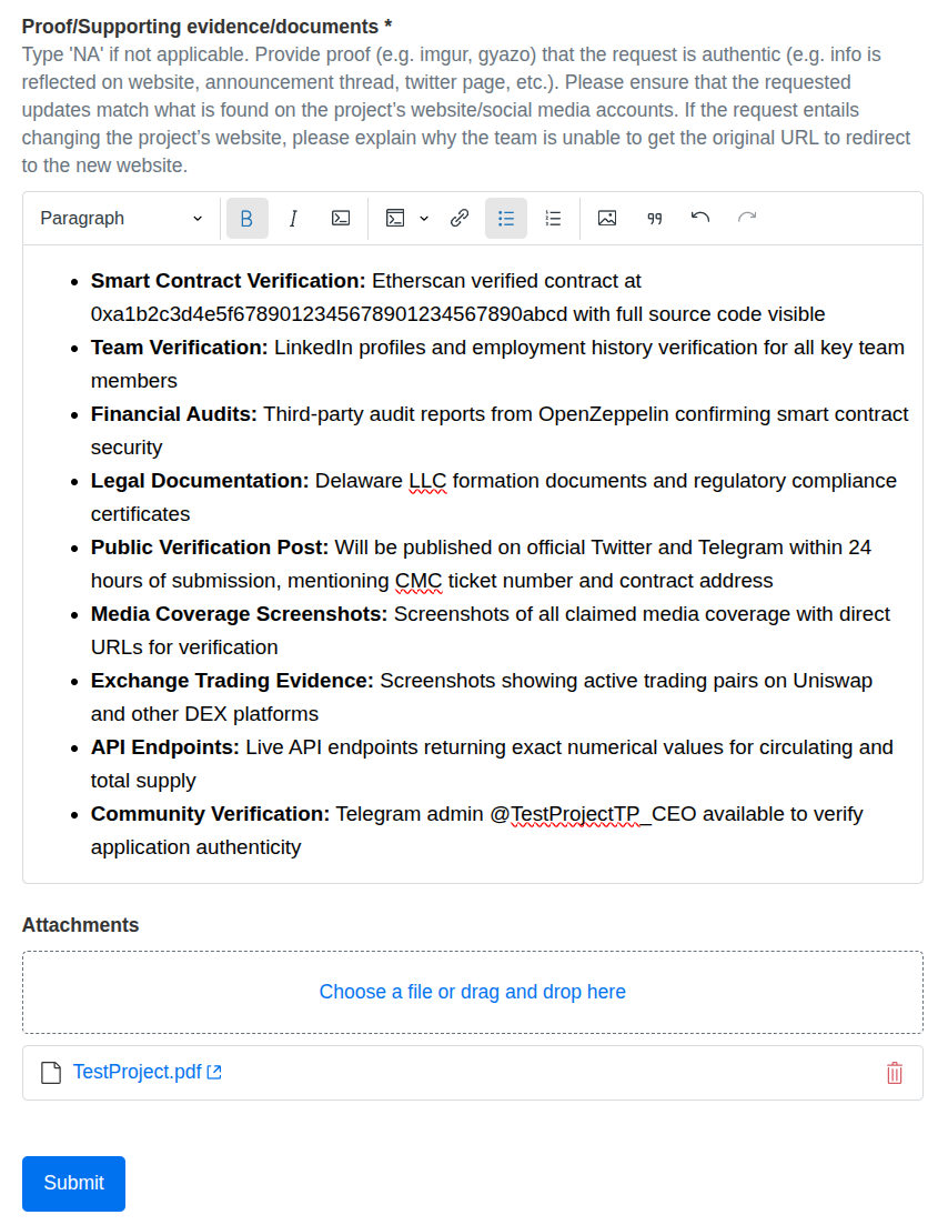 Fragment of CoinMarketCap application form with section Proof/Supporting evidence/documents.
