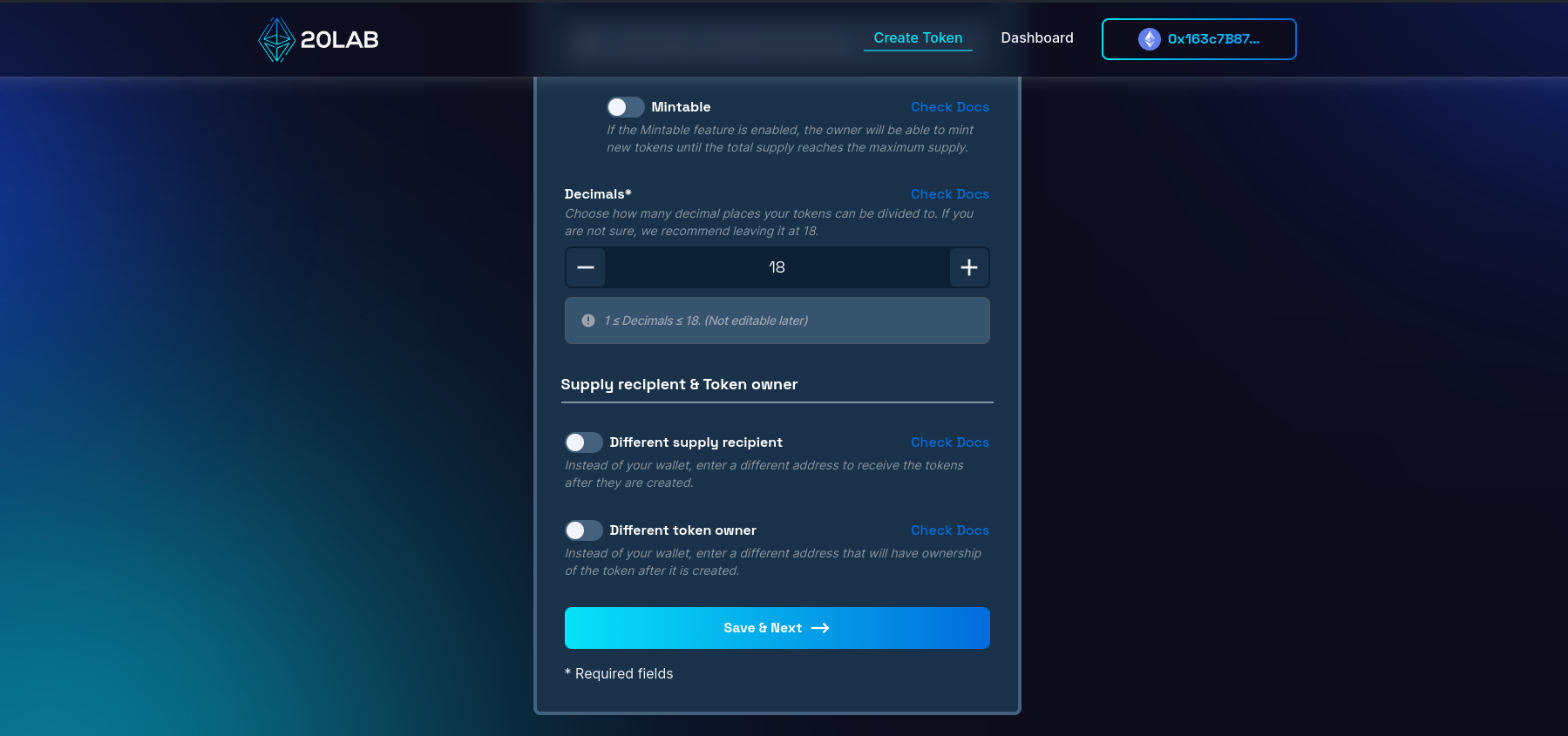 View on different supply recipient and different token owner options