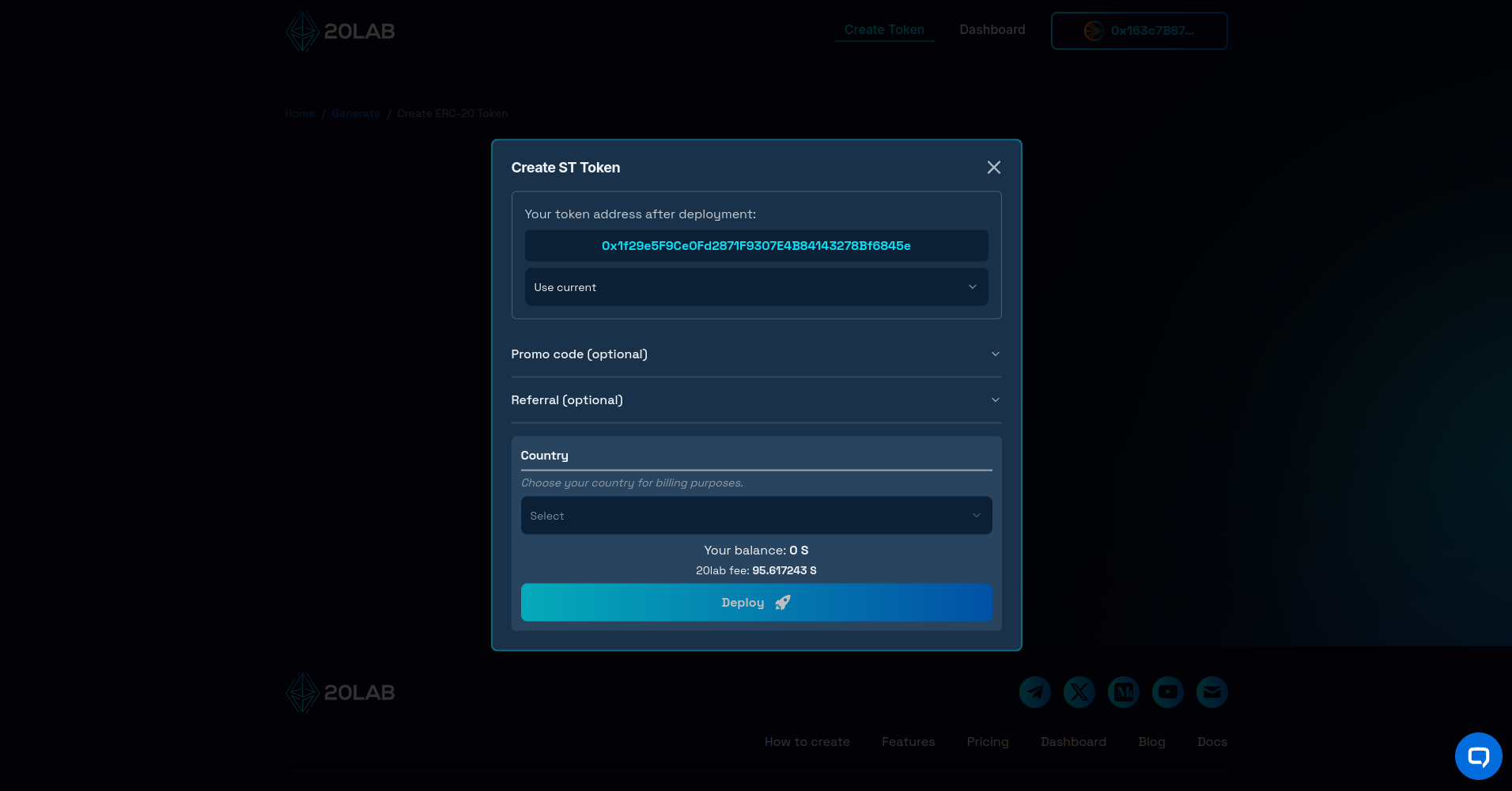 Deployment modal showing final token address