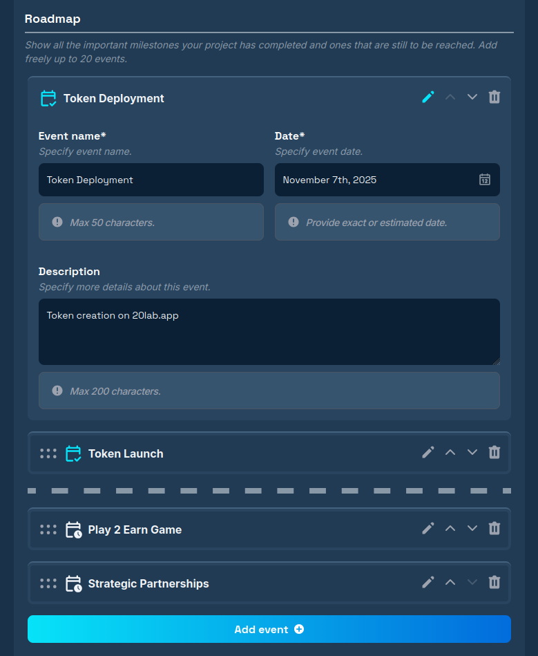 The roadmap section in the token page creation form.